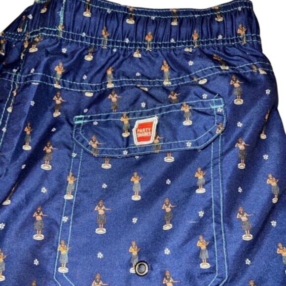 Party Sharks Hula Girl Swim Trunks Quick Dry 6.5" Inseam Blue Hawaiian Print - Picture 4 of 9